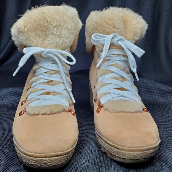 J Crew Nordic Snow Boot Shearling Nubuck Leather Wedge Beige Cleated Women's 10 - Picture 4 of 12